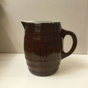 UHL Pottery CO. Glazed  Stoneware Brown Barrel Pitcher 8 3/4 “ Vintage Pottery